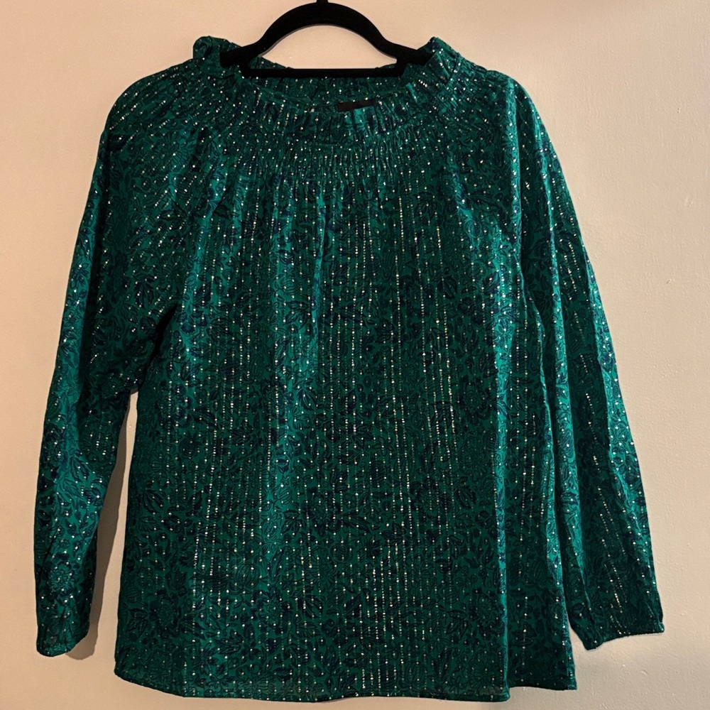 Talbots Emerald Velvet Burnout Smocked Yoke Blouse